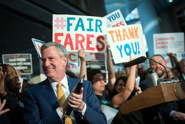 Mayor Bill de Blasio at a news conference on June 12th, 2018 announcing funding for the Fair Fares program in the 2019 Fiscal Budget.